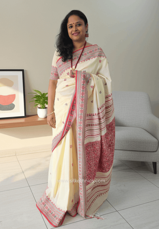 Classic Ivory and Red Assam handweaving cotton saree