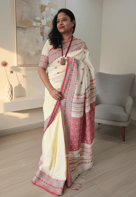 Classic Ivory and Red Assam handweaving cotton saree