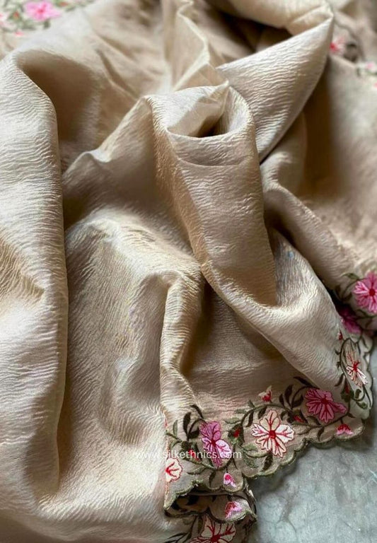 Banarasi Ivory Gold Crushed Tissue embroidered saree