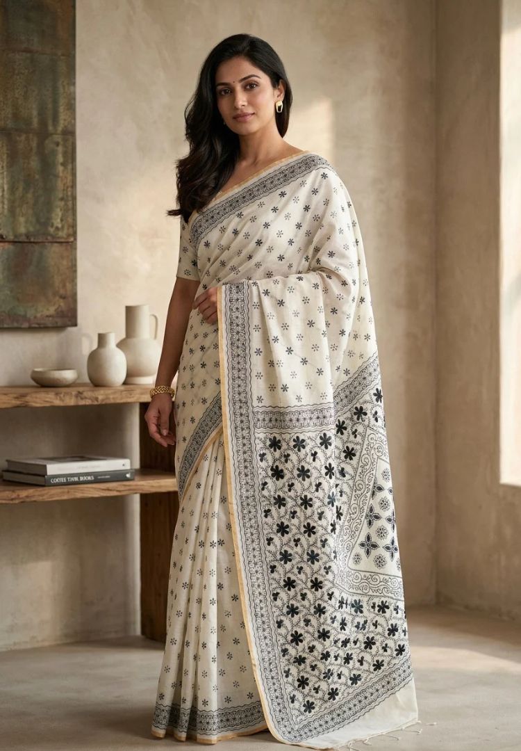 Woman wearing the Ivory and Black Gulbahar hand embroidered Chanderi saree - Silk Ethnics