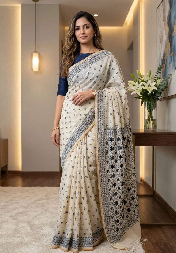 Full drape of the Ivory and Black Gulbahar hand embroidered Chanderi saree for festive evenings