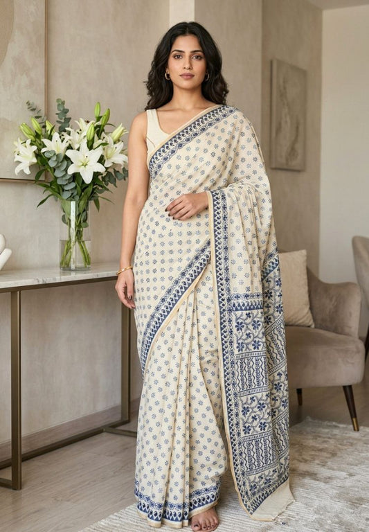 Woman wearing the Ivory and Indigo Gulbahar hand embroidered Chanderi saree - Silk Ethnics