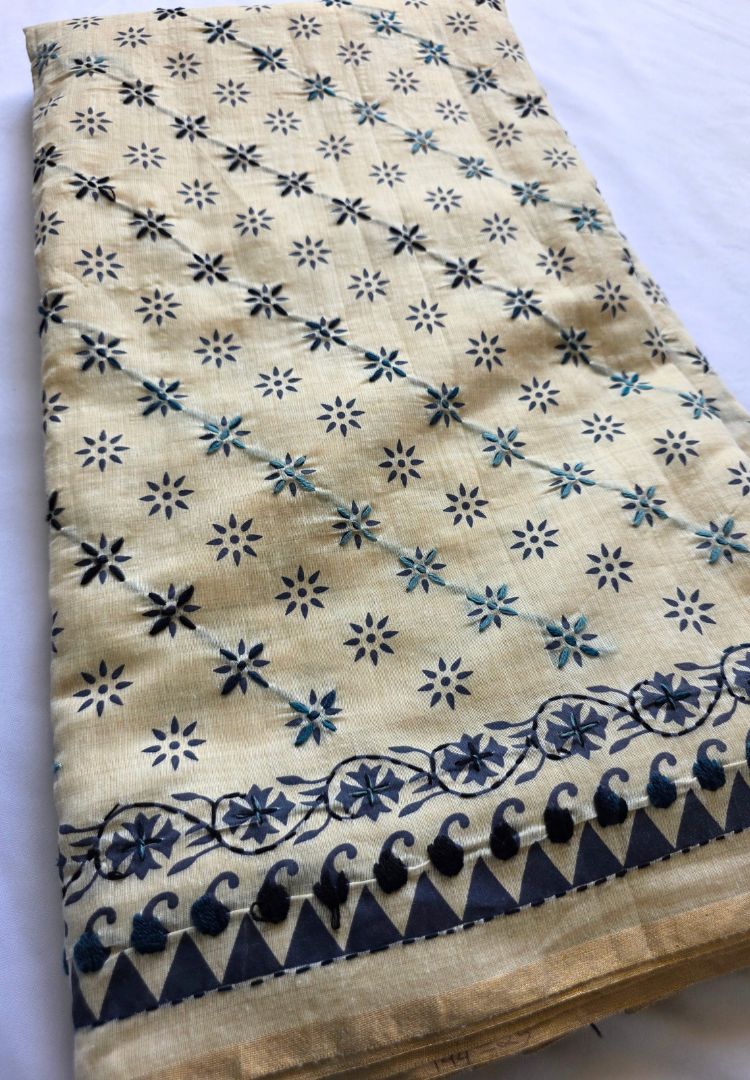 Folded Ivory and Indigo Gulbahar hand embroidered Chanderi silk-cotton saree