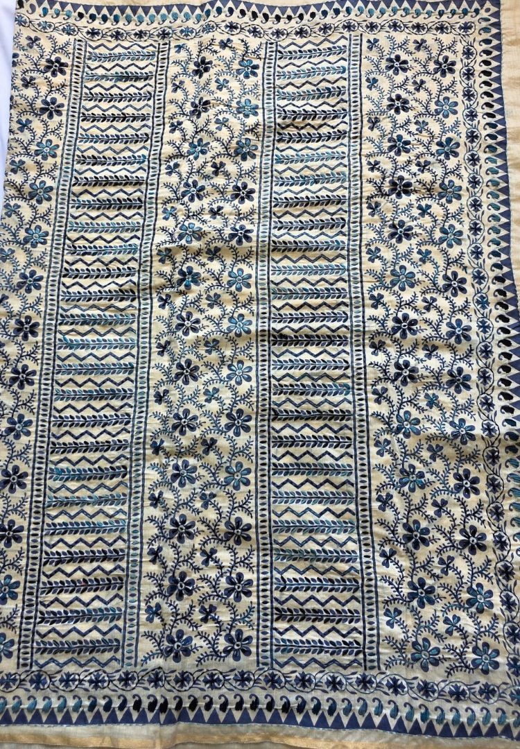 Densely embroidered indigo pallu of the Ivory and Indigo Gulbahar Chanderi saree
