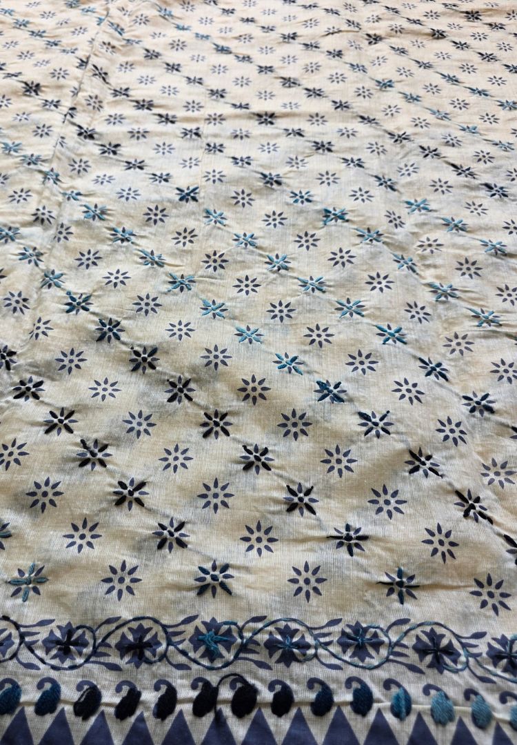 Close-up of indigo hand embroidery on ivory Chanderi silk-cotton, Gulbahar collection
