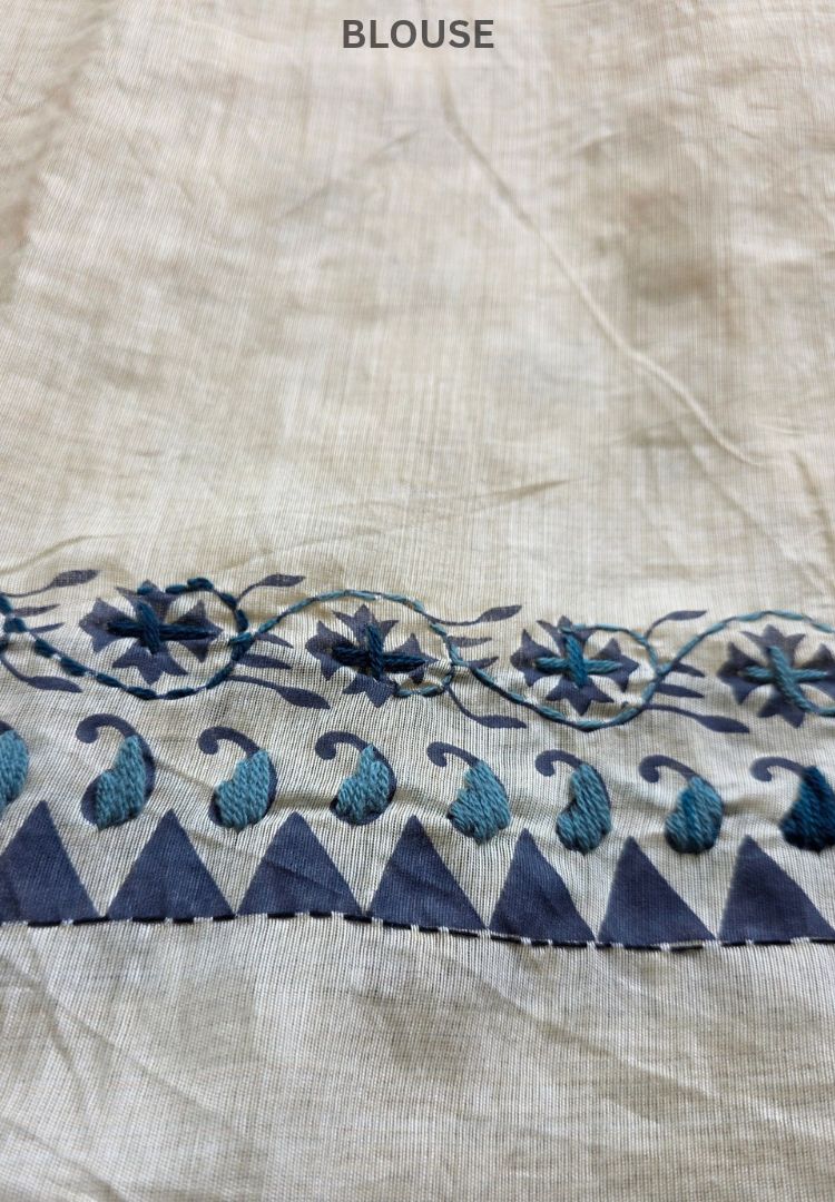 Ivory and Indigo Gulbahar hand embroidered Chanderi saree by Silk Ethnics, border detail