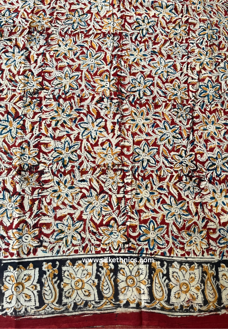 Red Floral Kalamkari Block Printed Mul Cotton Saree