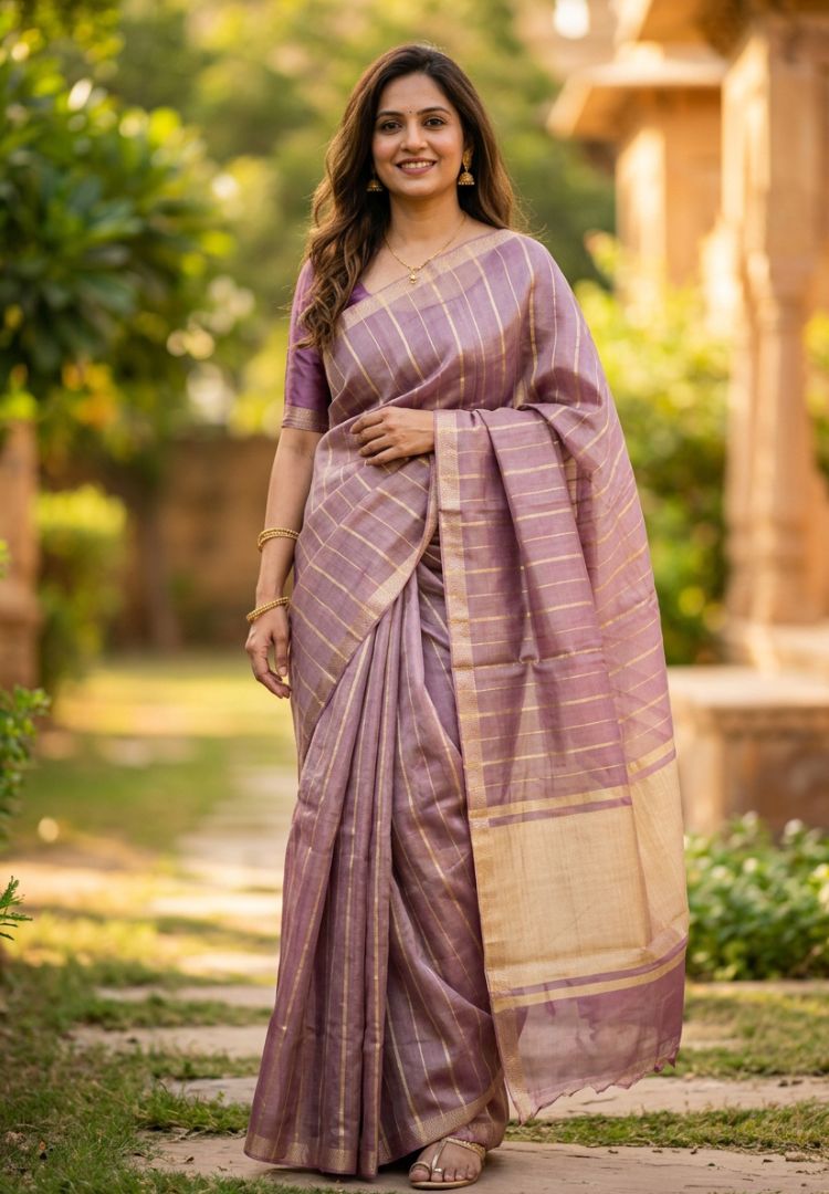 Full drape of a lavender katan tissue saree with gold zari pallu