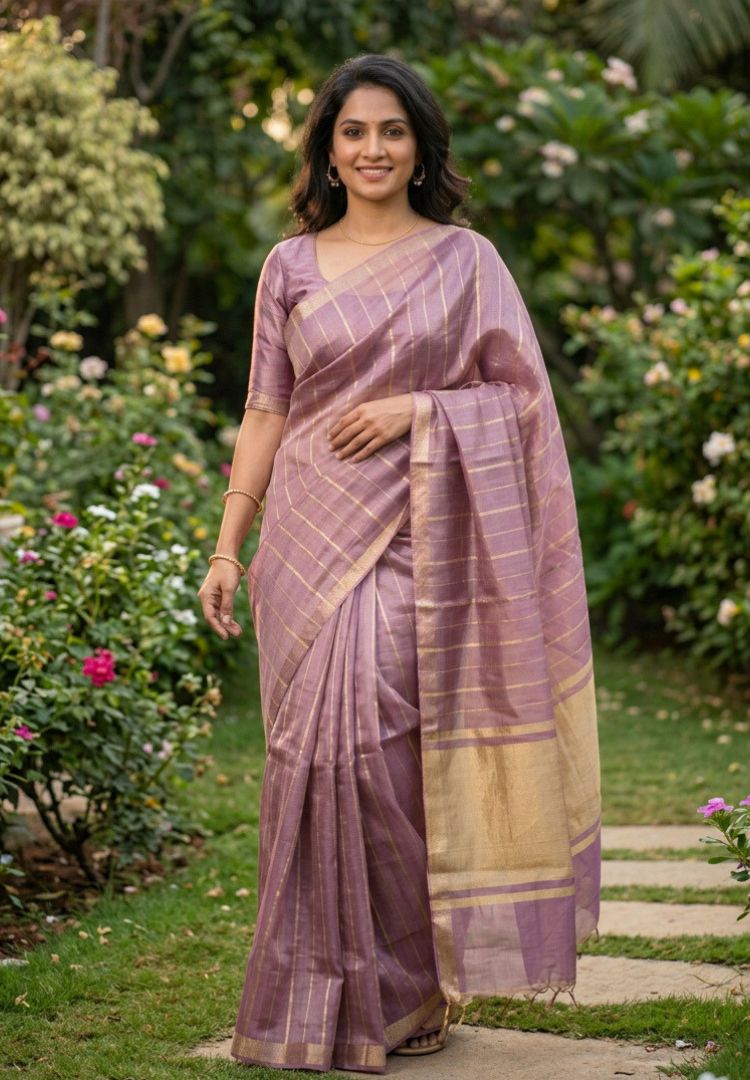 Lavender and gold zari striped katan tissue saree styled for a festive look