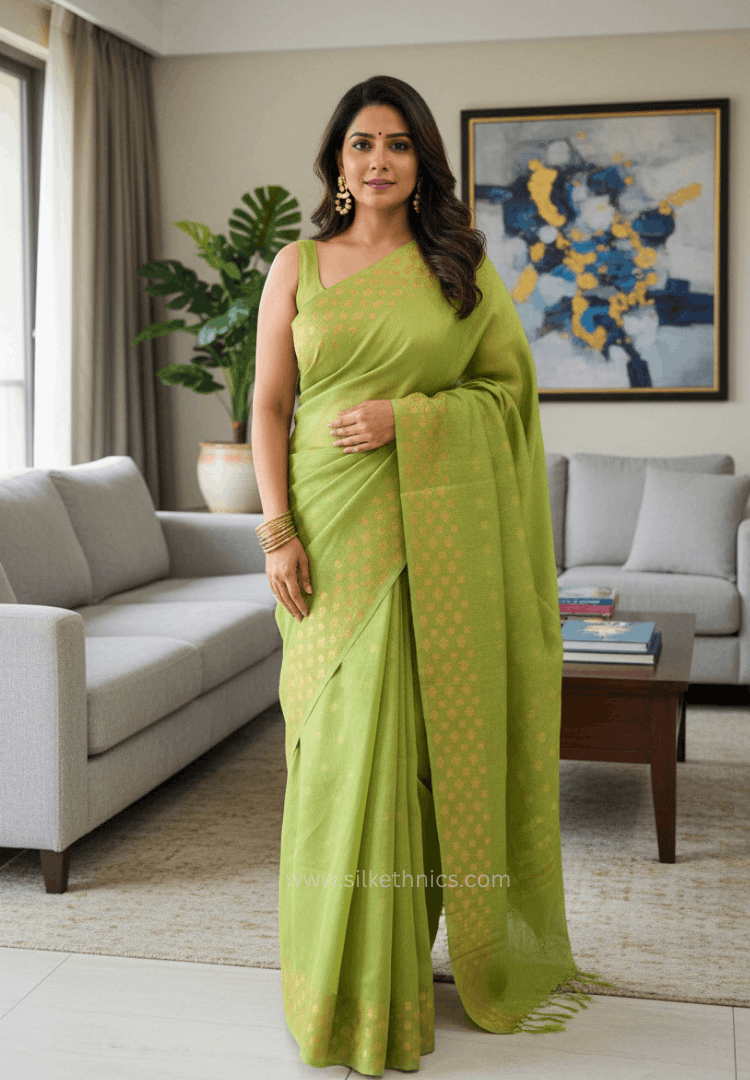 Olive green Kota Linen Silk cutwork saree