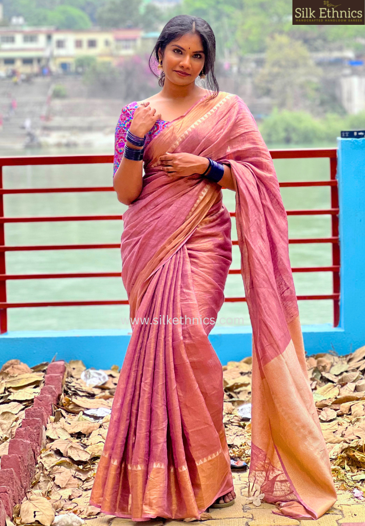 Metallic pink tissue linen saree