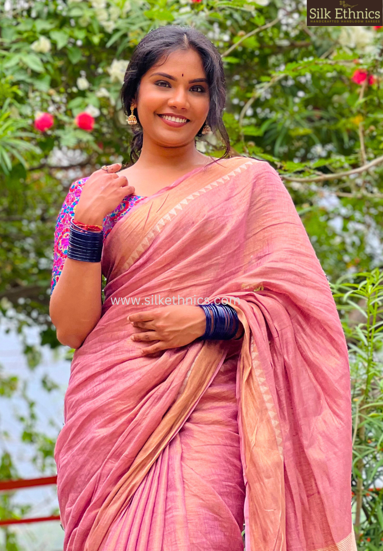 Metallic pink tissue linen saree