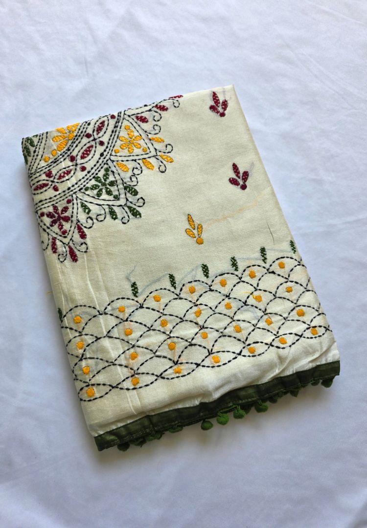 Folded Ivory and Green Gulbahar hand embroidered kantha phulkari saree