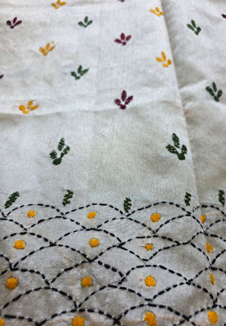 Phulkari floral motifs in green and maroon on ivory Chanderi silk-cotton