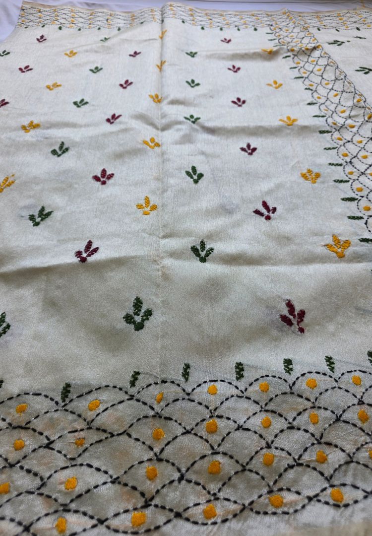Kantha running stitch border and green and mustard motifs, Gulbahar collection