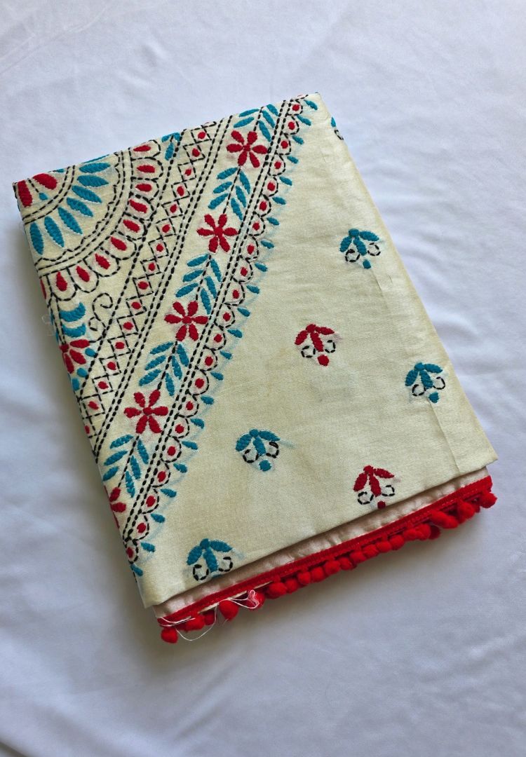 Folded Ivory Red and Teal Gulbahar hand embroidered kantha phulkari Chanderi saree - Silk Ethnics