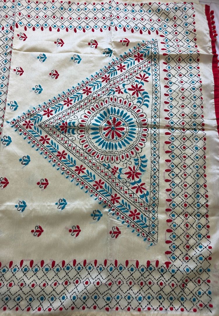 Ivory Red and Teal Gulbahar hand embroidered Chanderi saree by Silk Ethnics, body and border detail