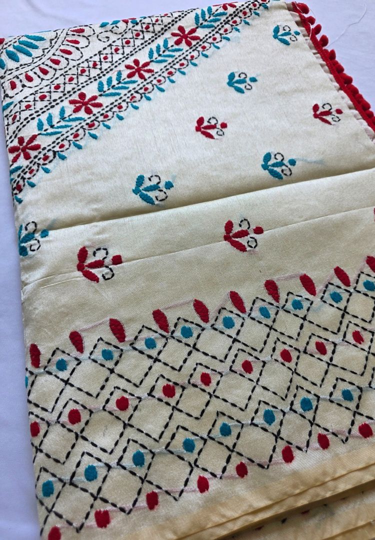 Red and teal phulkari diamond motifs with kantha stitch border on ivory Chanderi