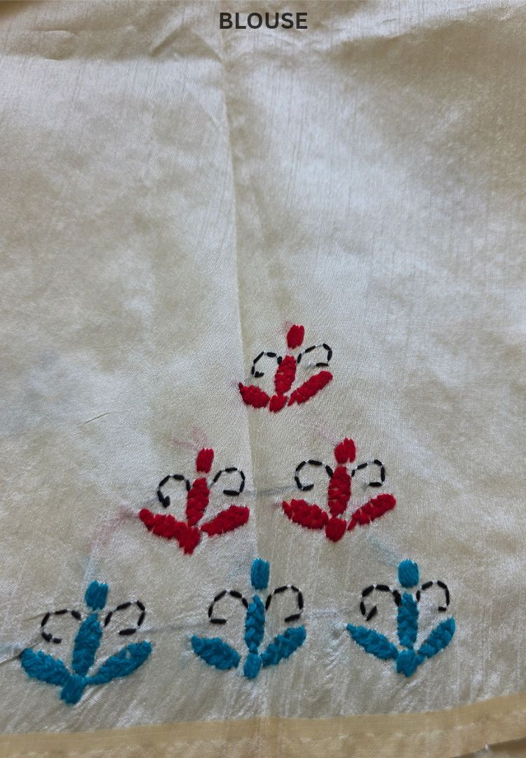 Close-up of kantha and phulkari hand embroidery on the Ivory Red and Teal Gulbahar saree