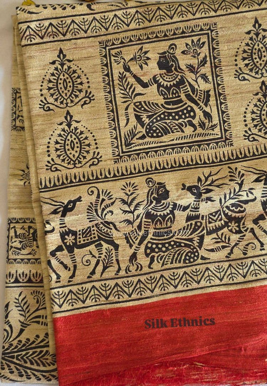 Madhubani printed handloom Gicha Tussar silk saree