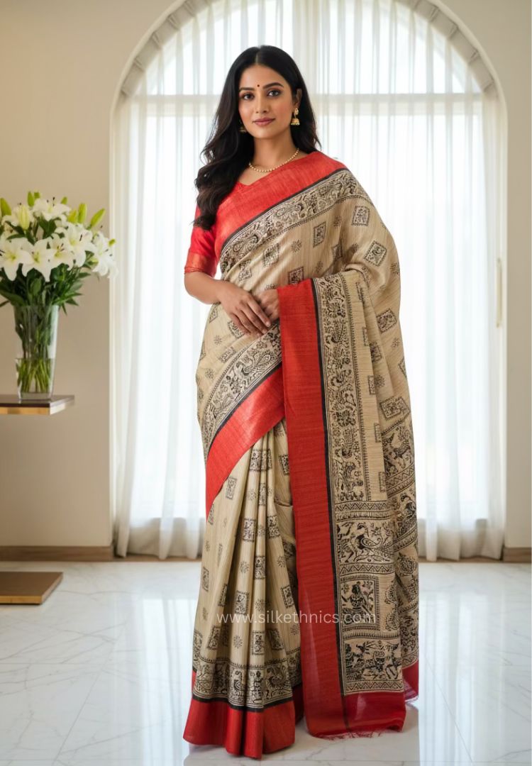 Madhubani printed handloom Gicha Tussar silk saree