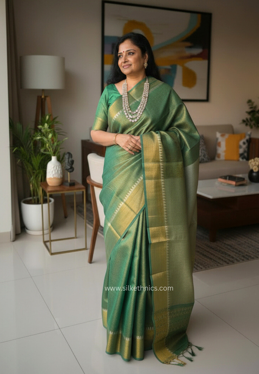 Metallic green Tissue Linen Samaira handloom Saree