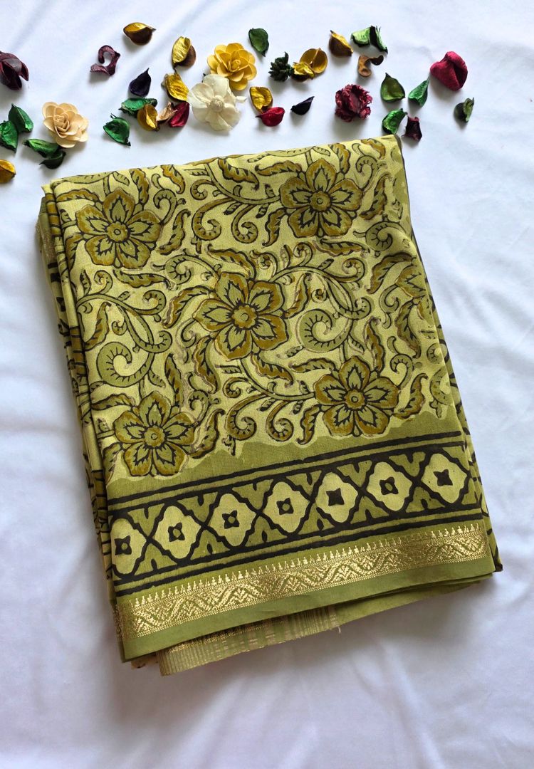Olive green Ajrakh hand blockprinted Maheswari silk saree