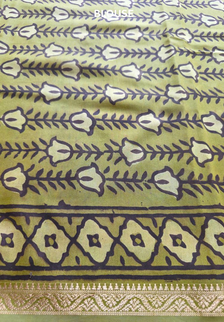 Olive green Ajrakh hand blockprinted Maheswari silk saree