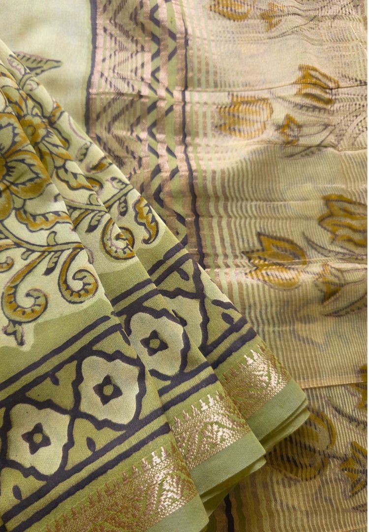 Olive green Ajrakh hand blockprinted Maheswari silk saree