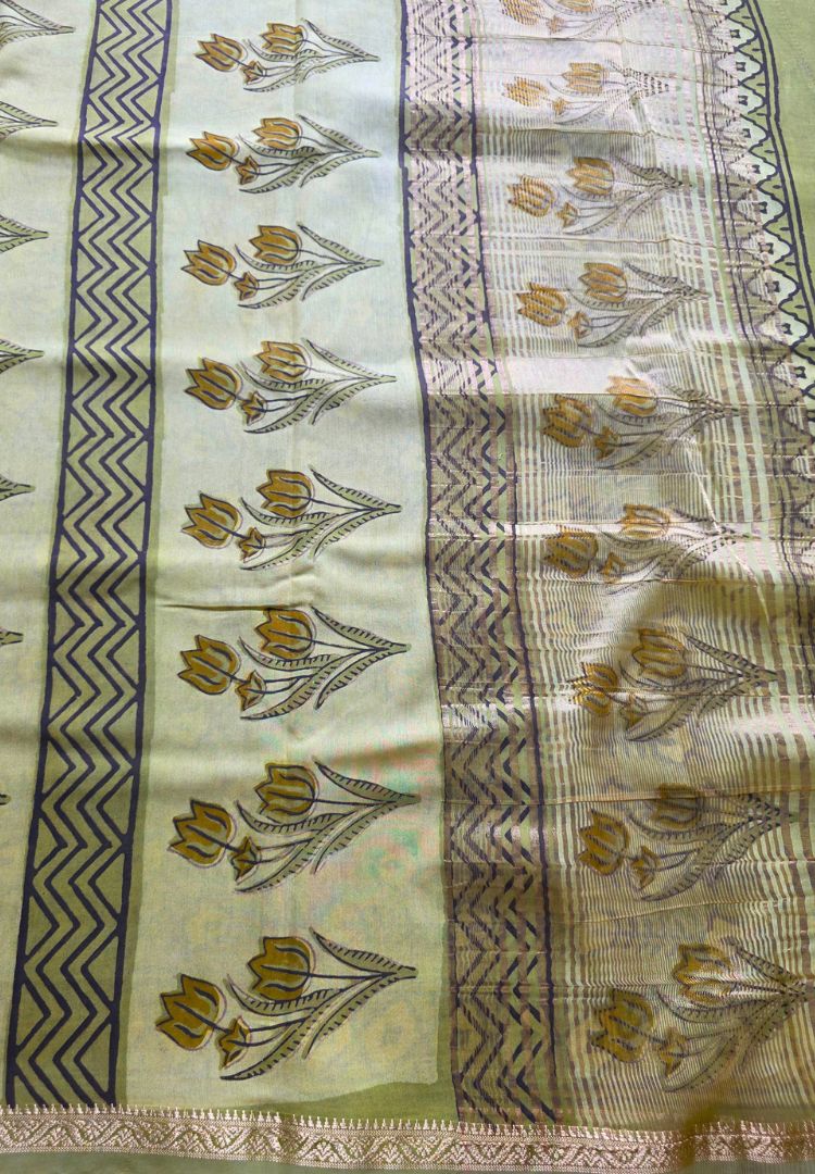 Olive green Ajrakh hand blockprinted Maheswari silk saree