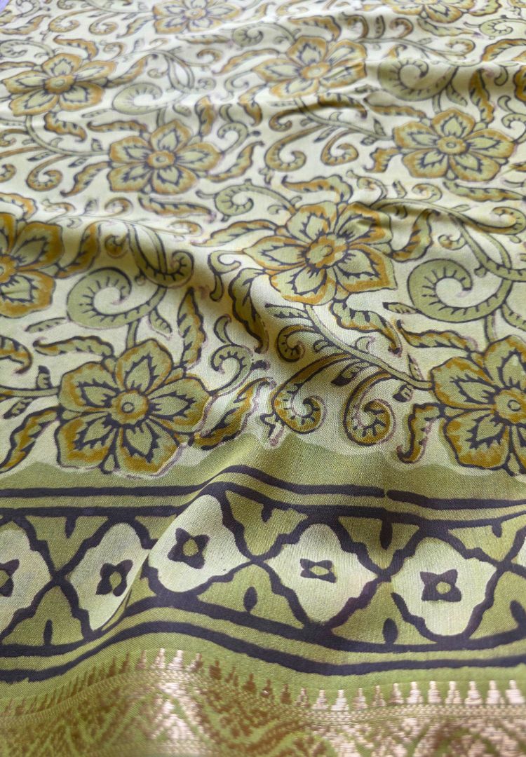 Olive green Ajrakh hand blockprinted Maheswari silk saree