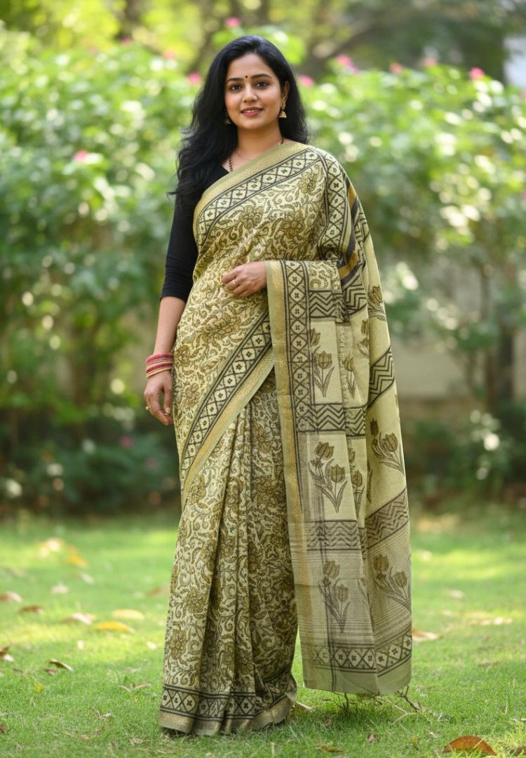 Olive green Ajrakh hand blockprinted Maheswari silk saree