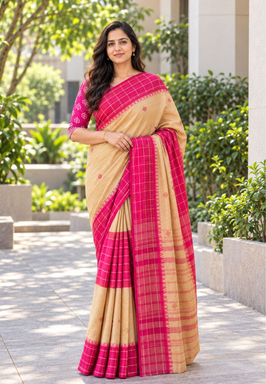 Mustard and red Ikkat Dhaniakhali handloom cotton saree - Silk Ethnics