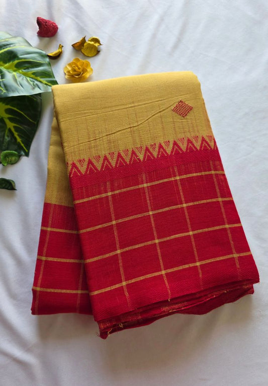 Mustard yellow and red Dhaniakhali handloom cotton saree with Ikkat weaving