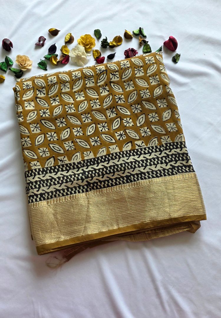 Mustard Ajrakh hand blockprinted Maheswari silk saree