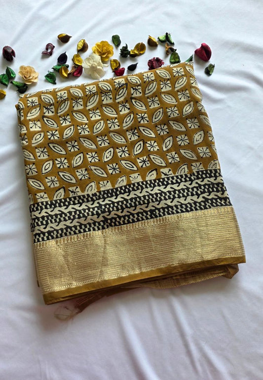 Mustard Ajrakh hand blockprinted Maheswari silk saree