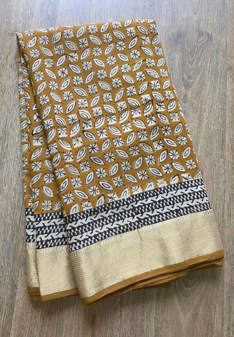 Mustard Ajrakh hand blockprinted Maheswari silk saree