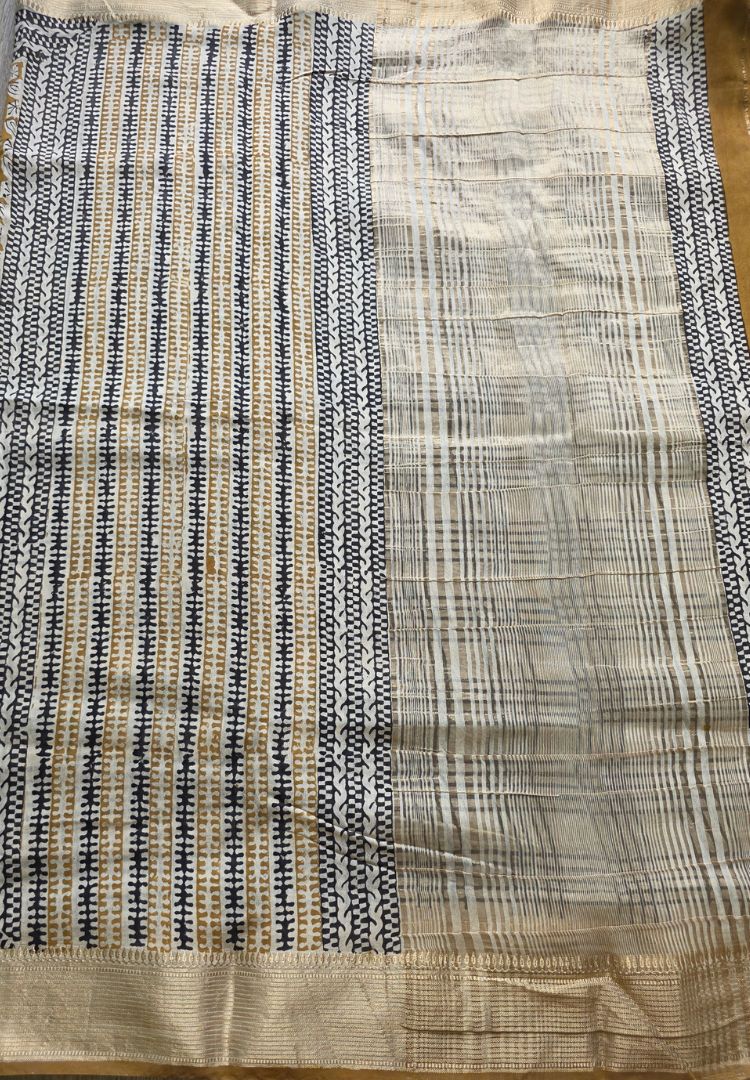 Mustard Ajrakh hand blockprinted Maheswari silk saree