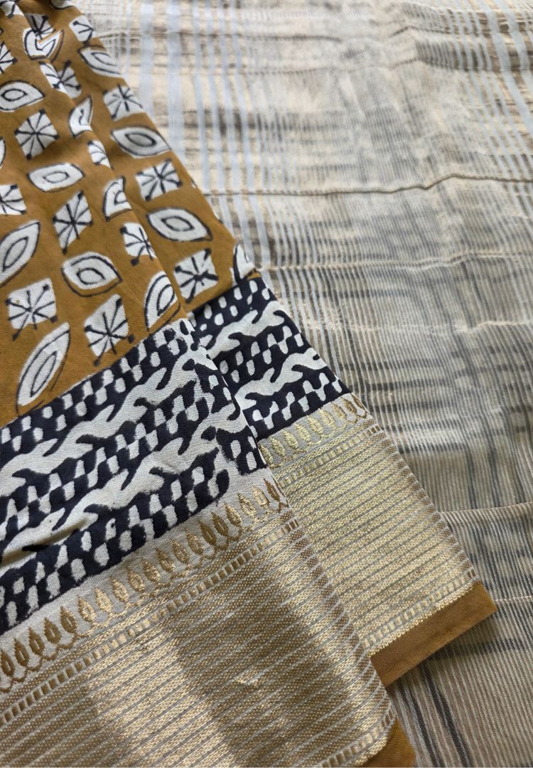 Mustard Ajrakh hand blockprinted Maheswari silk saree