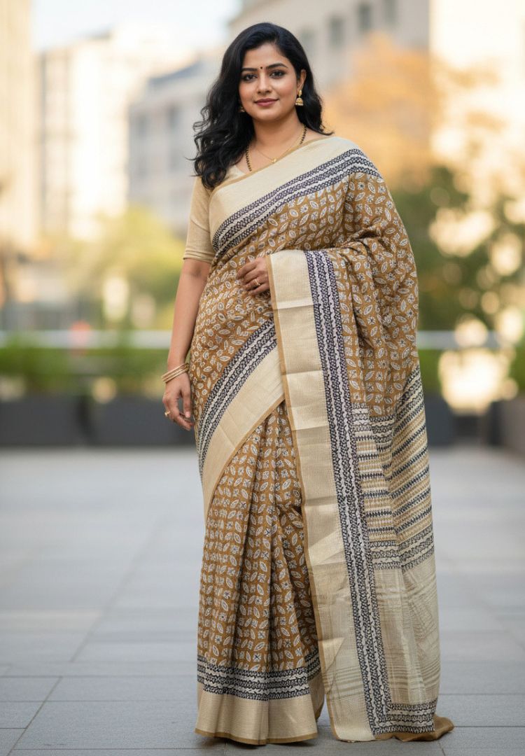 Mustard Ajrakh hand blockprinted Maheswari silk saree