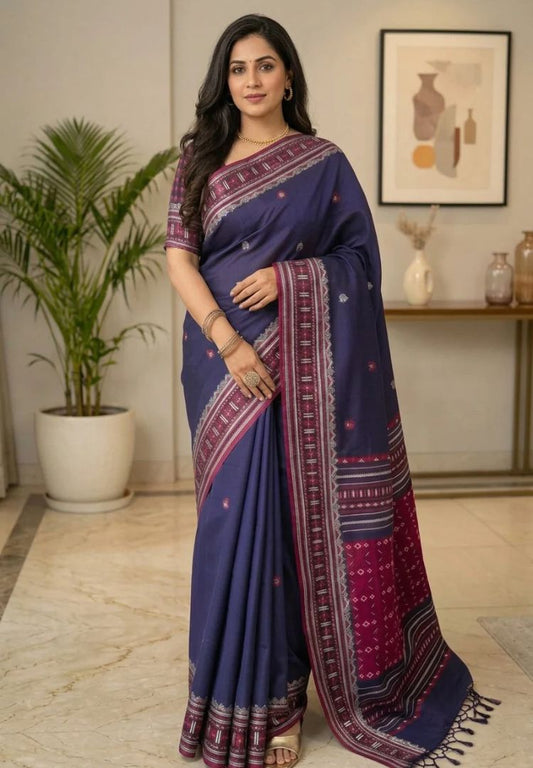 Navy blue Assam hand weaving cotton saree