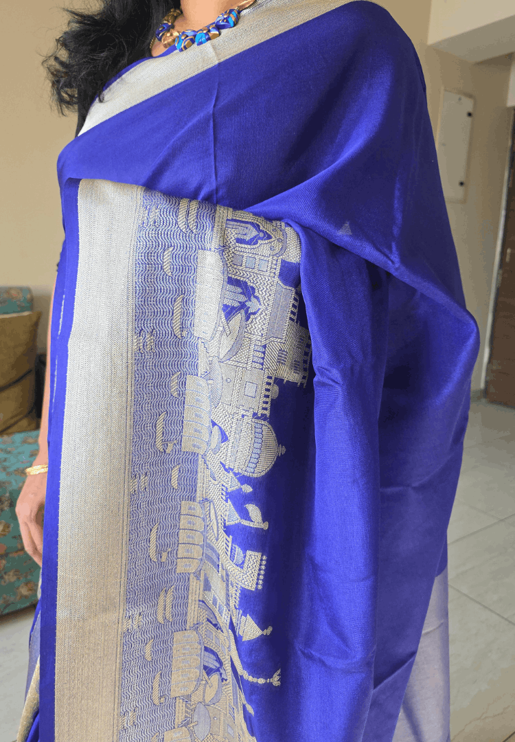 Sapphire Blue Ganga Ghat Banarasi silk saree