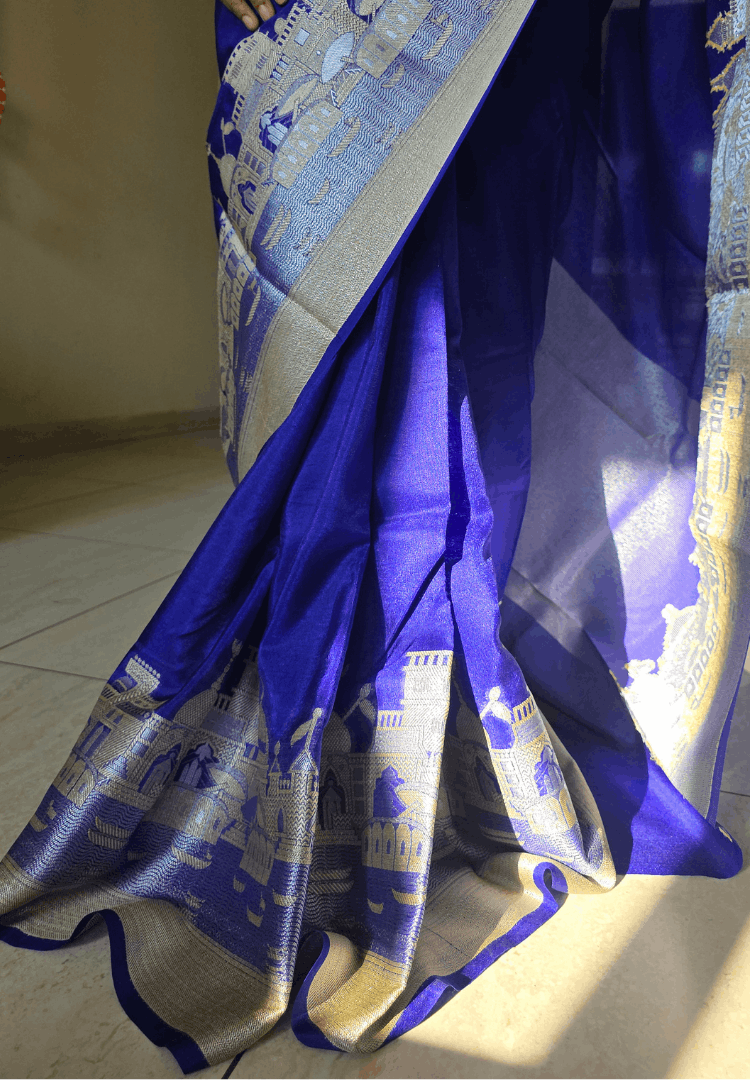 Sapphire Blue Ganga Ghat Banarasi silk saree
