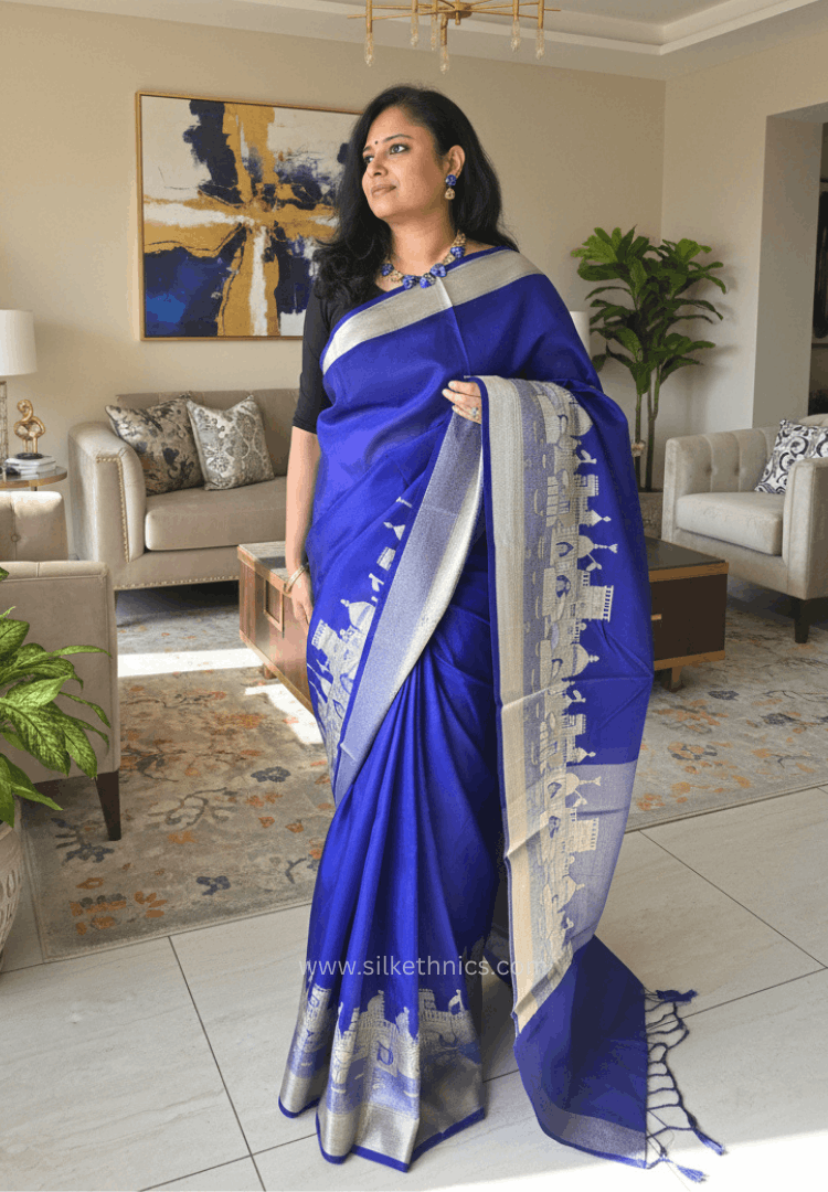 Sapphire Blue Ganga Ghat Banarasi silk saree