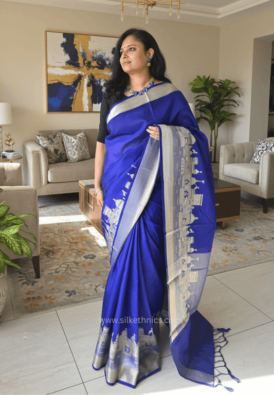 Sapphire Blue Ganga Ghat Banarasi silk saree