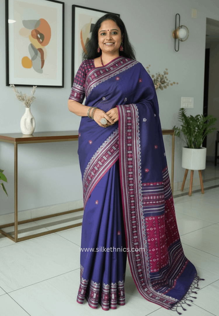 Navy blue Assam hand weaving cotton saree