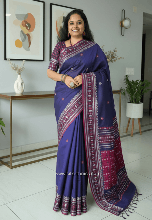 Navy blue Assam hand weaving cotton saree