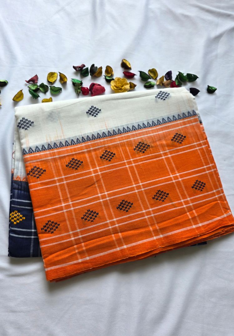 Vibrant Orange Ikkat weaving Dhaniakhali handloom cottton saree