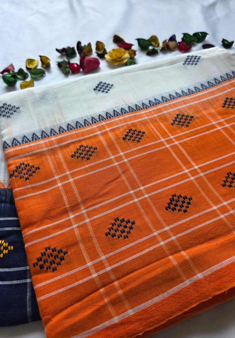Vibrant Orange Ikkat weaving Dhaniakhali handloom cottton saree