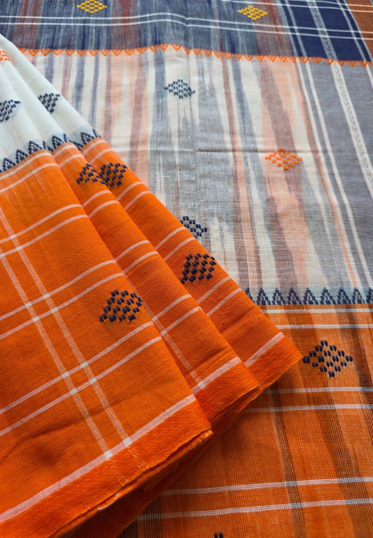 Vibrant Orange Ikkat weaving Dhaniakhali handloom cottton saree
